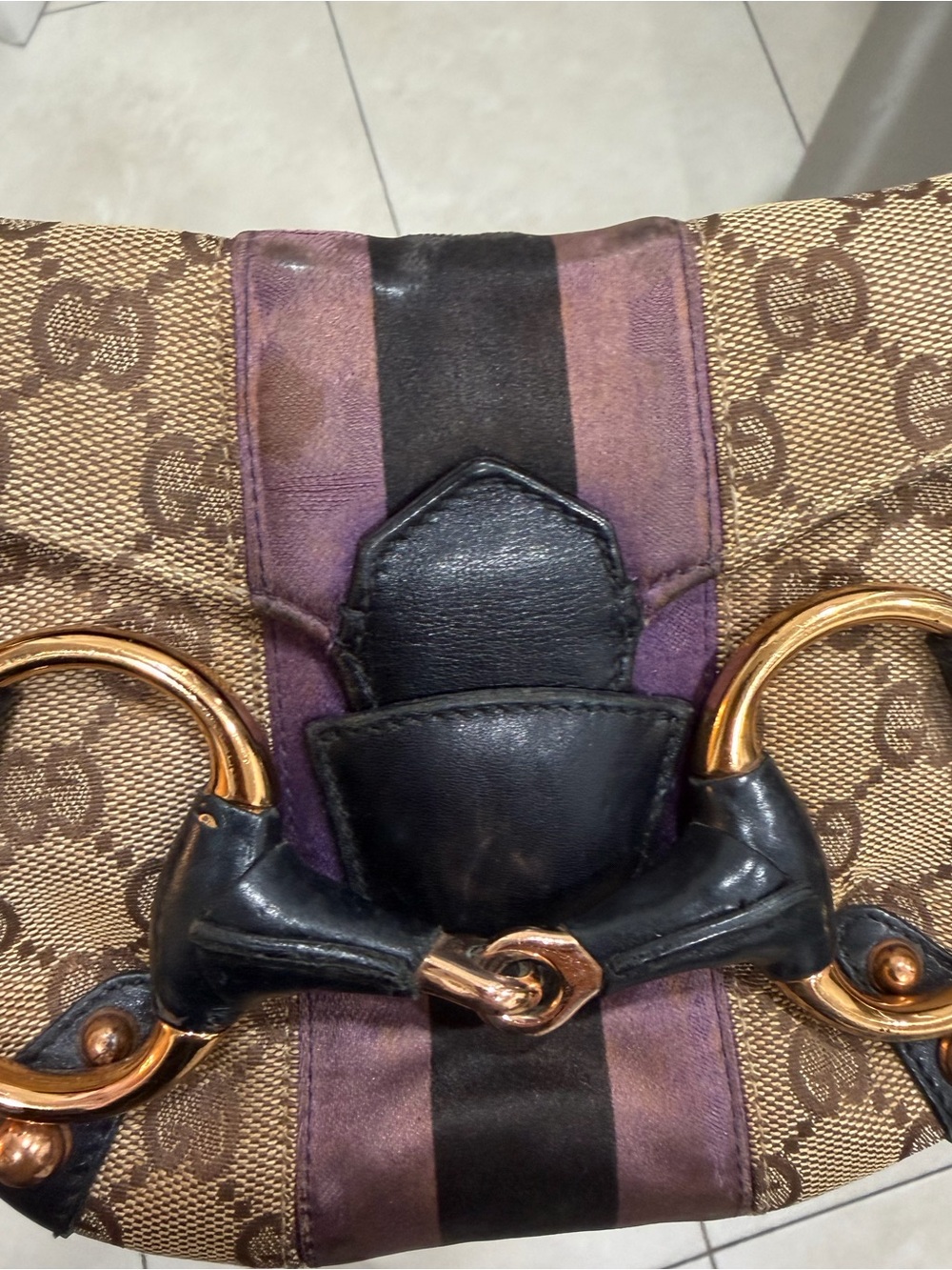 Gucci Tom Ford Era Brown GG Canvas Shoulder Bag with Black and Plum Straps - Picture 3 of 4